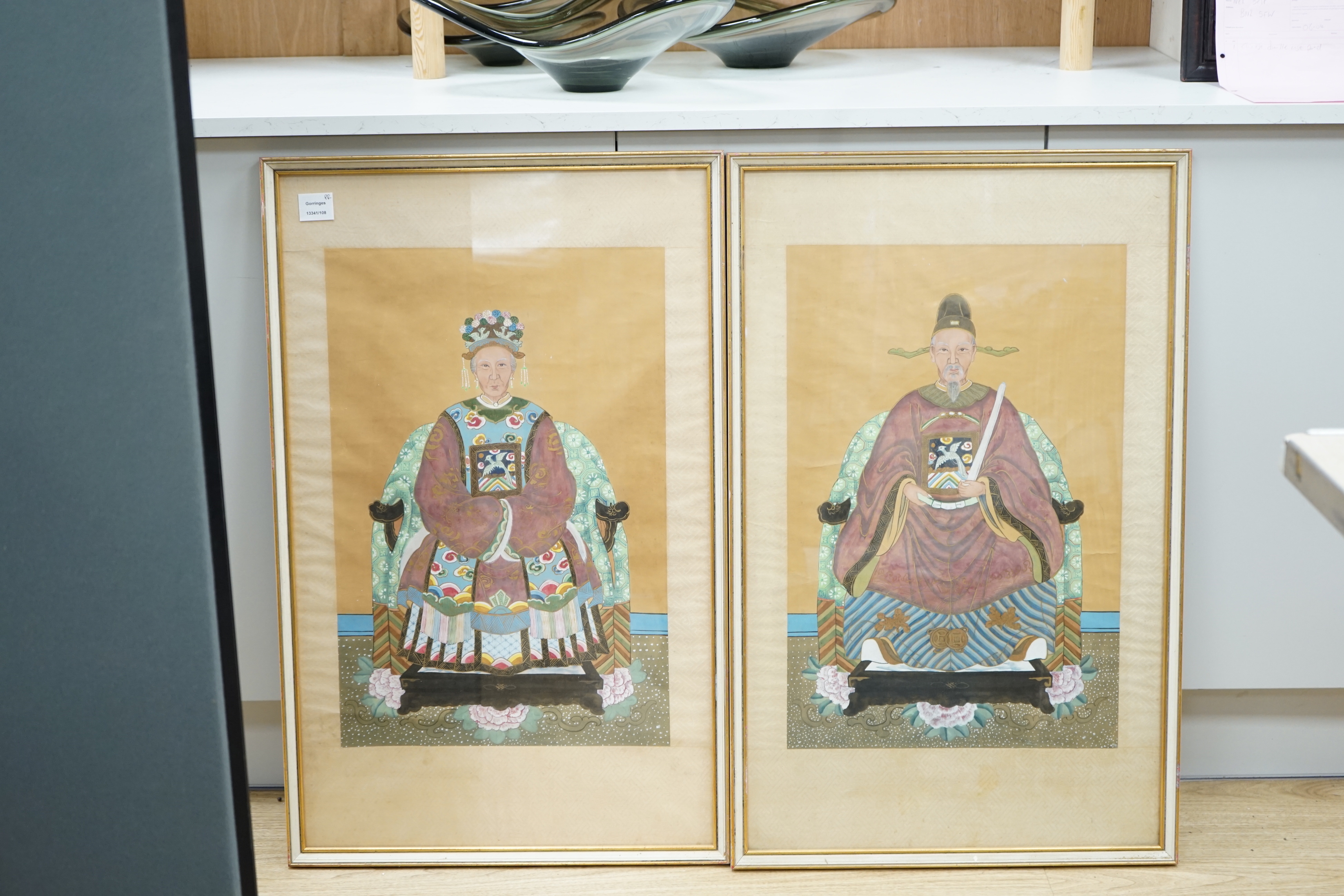 A pair of Chinese School watercolours on silk, Ancestral portraits, 60 x 39cm